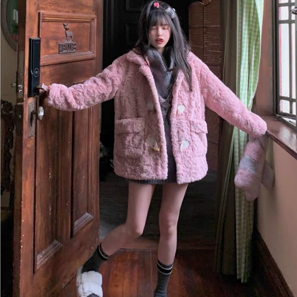 Pink Faux Fur Duffle Coat Teddy Jacket Size M Cute Soft Girl Korean Style - Picture 9 of 9